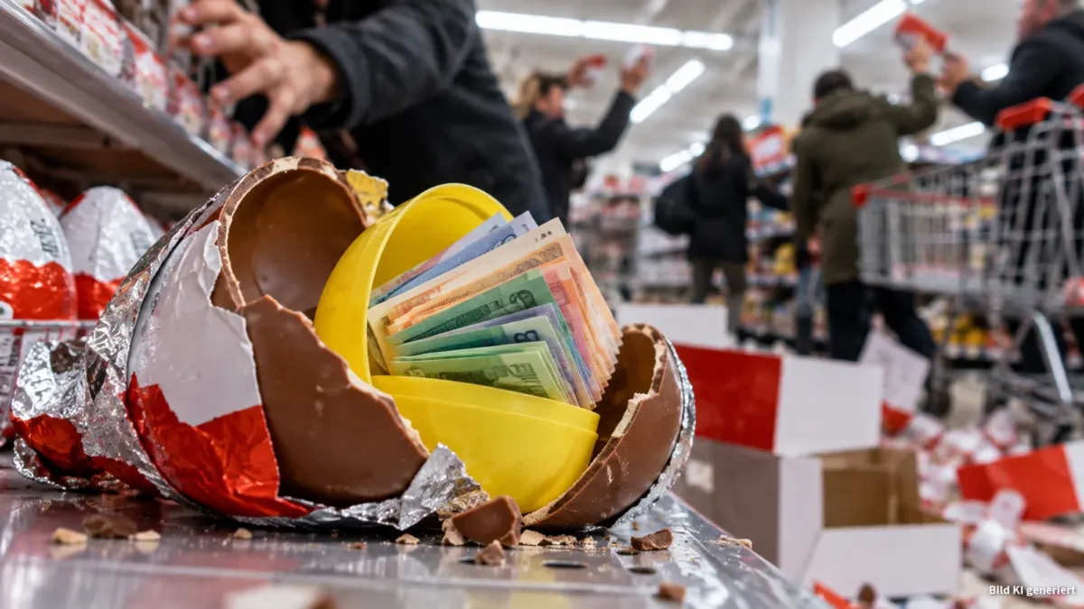 Nahaufnahme eines aufgebrochenen, glänzenden Überraschungseis auf einem Supermarktregal, aus dem statt einer Spielzeugfigur ein ordentliches Bündel gefalteter, neutraler Geldscheine (farbige Papierbündel ohne Schrift oder Logos) herausragt. Im unscha