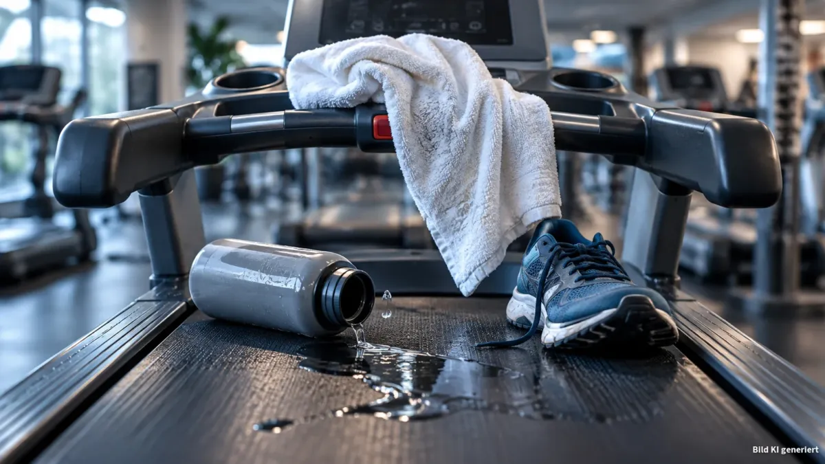 Close-up einer gestoppten Laufband-Konsole im Fitnessstudio: im Vordergrund liegt eine graue 0,75‑l‑Trinkflasche auf der Seite, aus der ein kleiner Wasserfilm auf das Laufband läuft und ein einziger Tropfen in der Luft hängt. Auf der Konsole ist ein