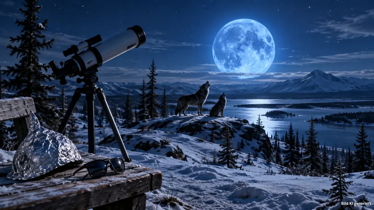 Weitwinkelaufnahme einer klaren, arktischen Nachtlandschaft mit einem großen, leuchtend blauen Vollmond knapp über dem Horizont, der die Szenerie in kaltes Blau taucht. Im Vordergrund ein ruhendes Teleskop auf einem Stativ, daneben eine einfache Sonn
