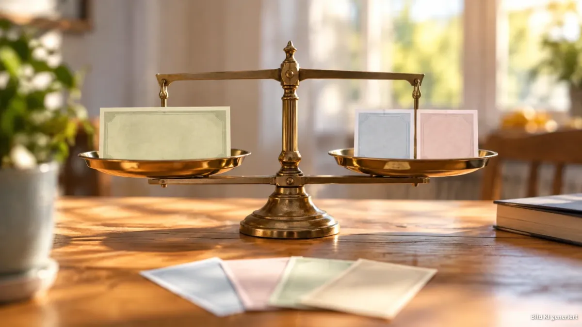Eine klassische Balkenwaage auf einem warm beleuchteten Holztisch, exakt im Gleichgewicht: in der linken Pfanne liegt ein einzelnes, großes, neutral gestaltetes Papiergeldstück ohne Schrift oder Symbole, in der rechten Pfanne zwei mittlere, gleich sc