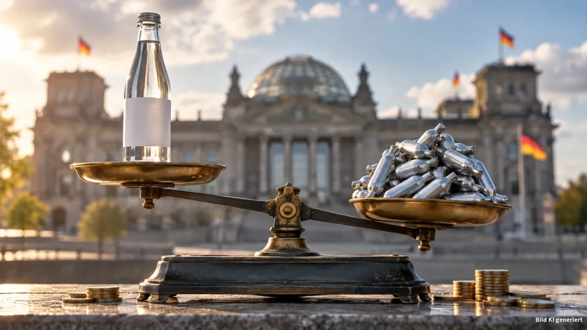 Auf einer klassischen Balkenwaage liegt auf der einen Seite eine saubere Glas-Pfandflasche mit neutralem Etikett, auf der anderen Seite ein Haufen kleiner Aluminium-Kapseln für Wassersprudler, die die Waage sichtbar zu drücken scheinen. Im unscharfen