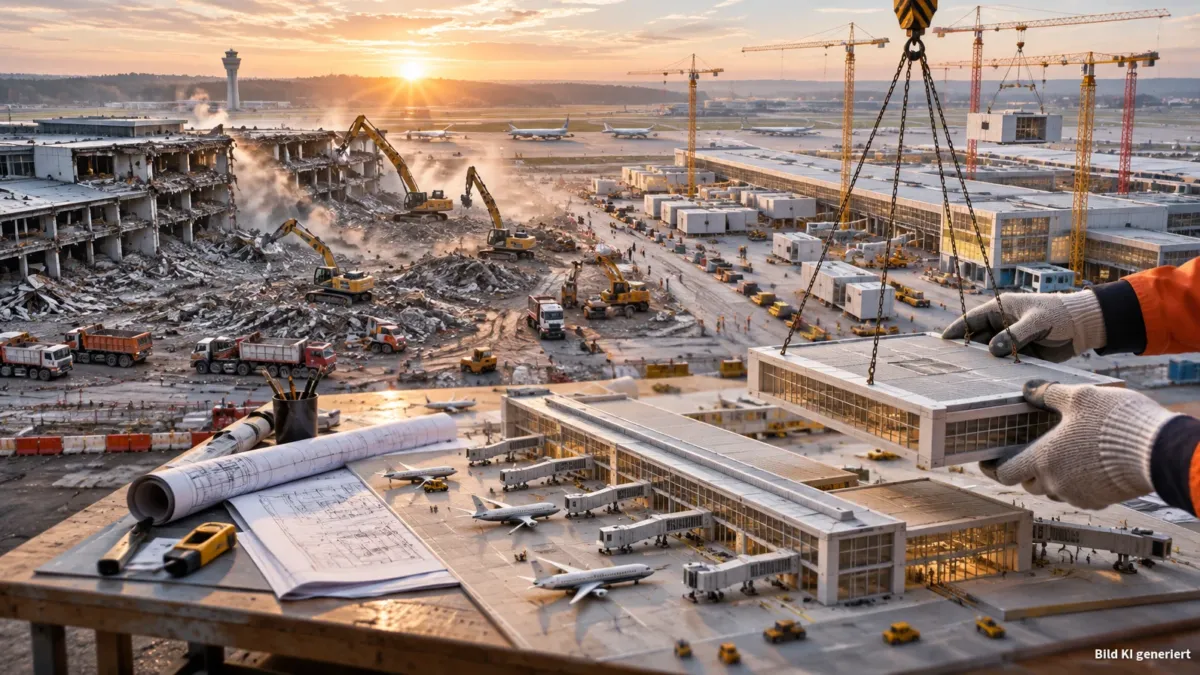 Vogelperspektive auf die BER-Baustelle bei weichem Morgenlicht: links ein halb abgerissener Terminal-Rumpf mit Trümmerfeldern, rechts bereits in Modulbauweise zusammengesetzte, helle Hallen, umgeben von großen Kränen. Im Vordergrund auf einem robuste