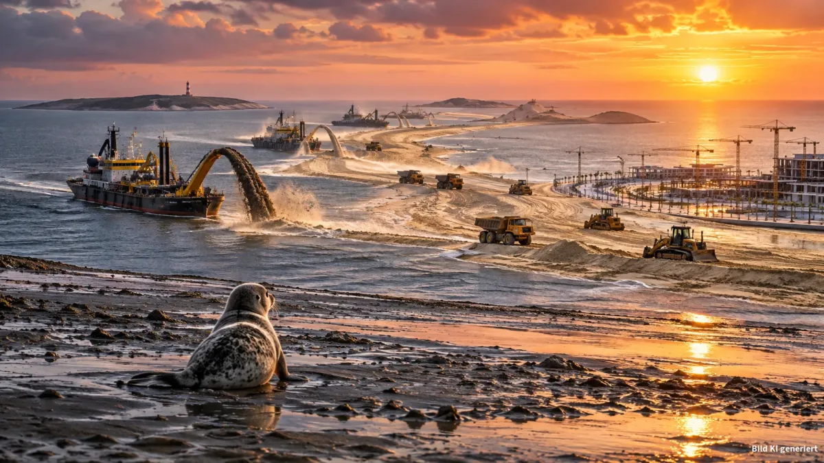 Luftaufnahme einer weiten Nordseeküste bei Sonnenuntergang: mehrere riesige Saugbagger und Kipper schaufeln Sand, der sich als breiter hellerer Landstreifen sichtbar von Festland zu den vorgelagerten Inseln zieht und diese langsam verbindet. Im Vorde