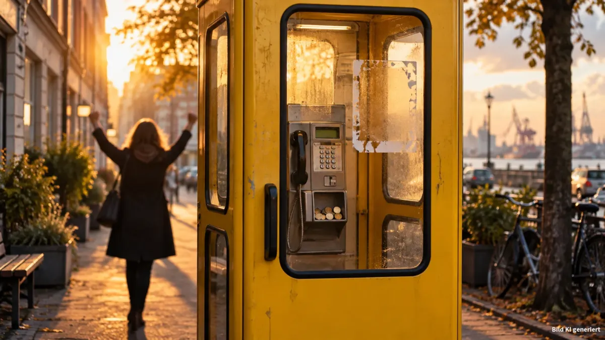 Bild zeigt eine klassische gelbe Telefonzelle auf einem Altonaer Gehsteig bei spätnachmittäglichem Licht; das Glas ist leicht beschlagen, der Innenraum deutlich sichtbar. An der Innenseite eine auffällige leere Fläche mit Kleberesten, wo ein Aushang