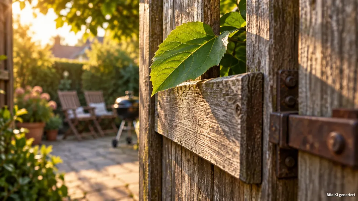 Nahaufnahme eines verwitterten Holztors mit einer schmalen Latte, durch die ein einzelnes, sattgrünes Blatt eines Nachbarbaums hindurchragt und die Torvorderkante berührt; das Blatt steht im scharfen Fokus, Holzstruktur deutlich sichtbar. Im unscharf