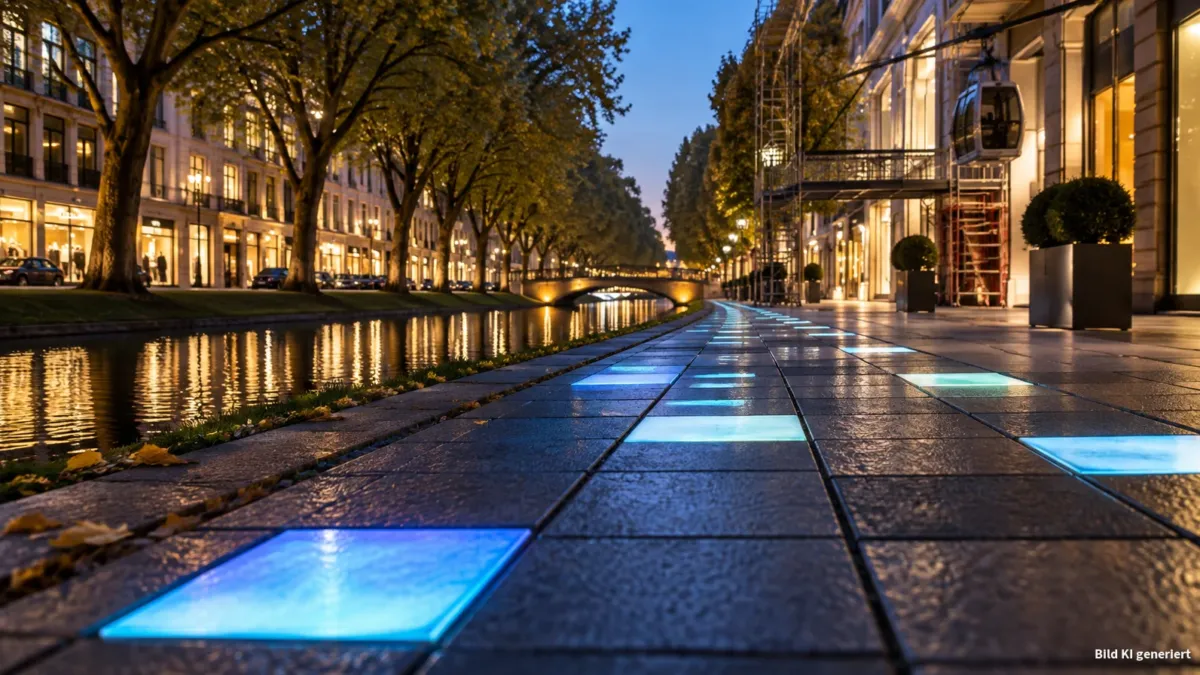Abendliche Perspektive der Düsseldorfer Königsallee: der charakteristische, baumgesäumte Kanal zieht sich in die Bildtiefe, Schaufensterfassaden links und rechts in warmem Straßenlicht, keine Menschen zu sehen. Im Vordergrund ein niedriger Kamerawink