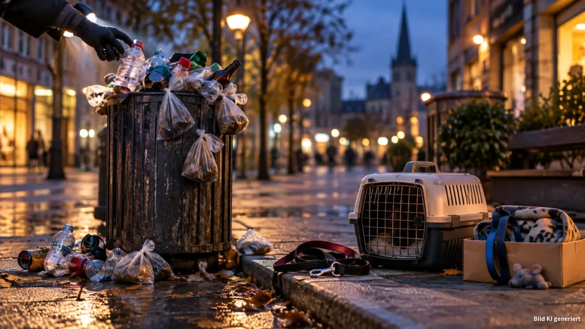 Dämmernde Fußgängerzone mit einem halb überquellenden öffentlichen Mülleimer, aus dem viele leere Pfandflaschen und zahlreiche durchsichtige Hundekotbeutel herausragen; ein schmaler Taschenlampenstrahl beleuchtet eine behandschuhte Hand, die gerade n