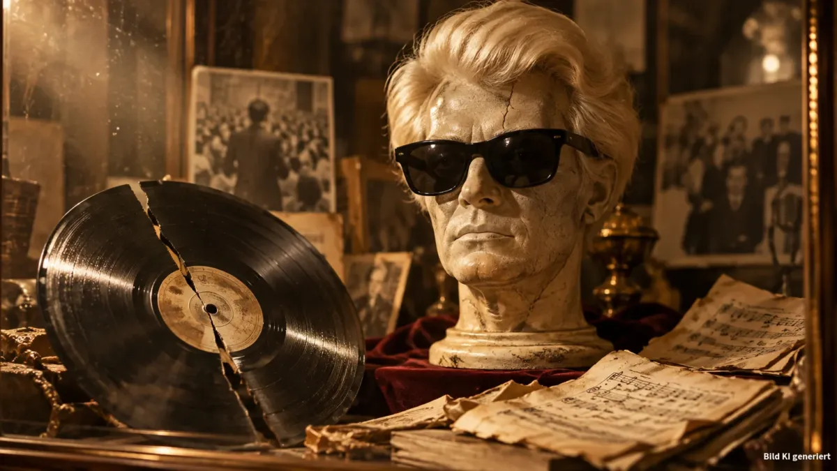 Museums-Vitrine in warmen Sepia-Tönen: im Zentrum ein antiker Schaufensterkopf mit platinblonder Perücke und einer markanten dunklen Sonnenbrille, daneben ein gesprungener Schellack-Schallträger und vergilbte, zerknitterte Notenblätter. Gedämpftes, s