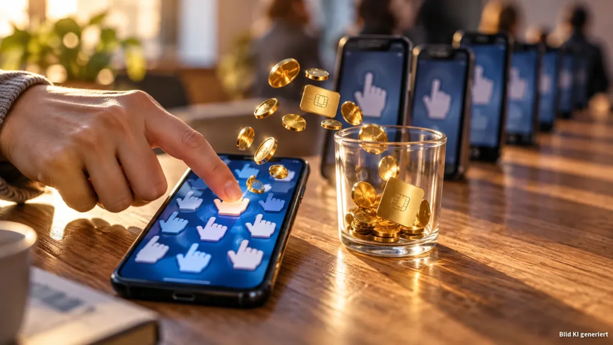 Nahaufnahme eines generischen Smartphones auf einem Holztisch, dessen Bildschirm von vielen stilisierten Finger-Icons bevölkert ist; nur eine nicht erkennbare Hand (nur Finger und Handrücken) beugt sich sichtbar zum Tippen über das Display. Beim ange