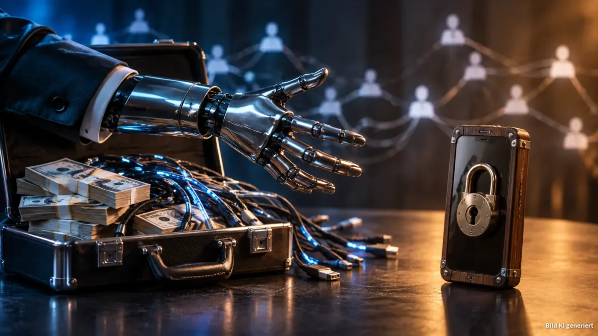 Auf einem dunklen Studio-Tisch ragt links eine große, polierte Metall-Armprothese mit ausgestreckter Hand und einem aufklappbaren Aktenkoffer voller Geldscheine und glänzender Datenkabel nach rechts. Gegenüber steht ein kleines Smartphone, das wie ei