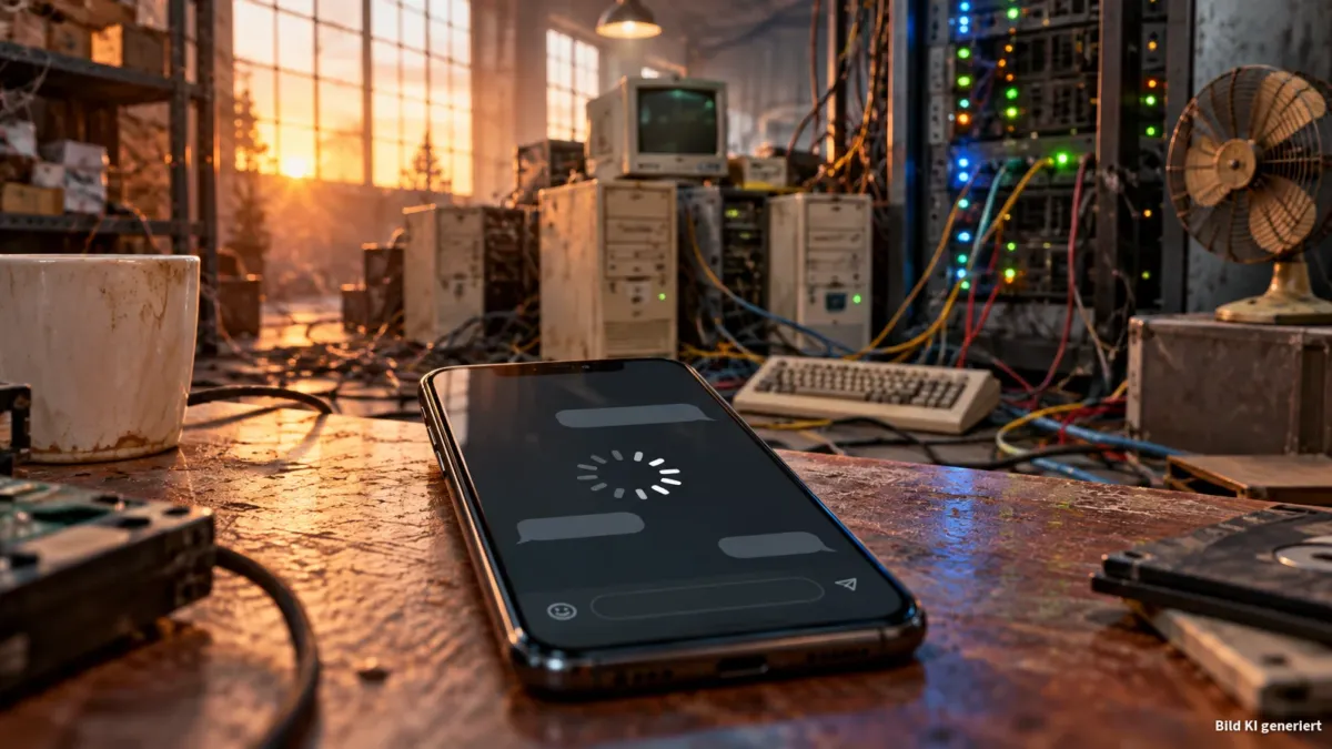 Im Vordergrund liegt ein modernes Smartphone auf einem Tisch, auf dessen Display nur ein kreisender Lade-Indikator und leere Chat-Symbole zu sehen sind. Dahinter ist eine provisorische Rechenzentrumsumgebung in einer staubigen Halle: mehrere klobige,