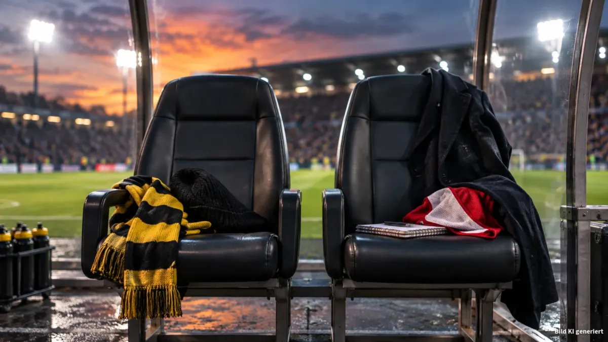 Nahaufnahme einer Trainerbank am Spielfeldrand bei Dämmerung: Zwei nebeneinander stehende, leere Coaching-Stühle bilden das Zentrum. Auf dem linken Stuhl liegt eine lässige Wintermütze und ein schwarz-gelb gestreifter Schal, auf dem rechten eine eleg