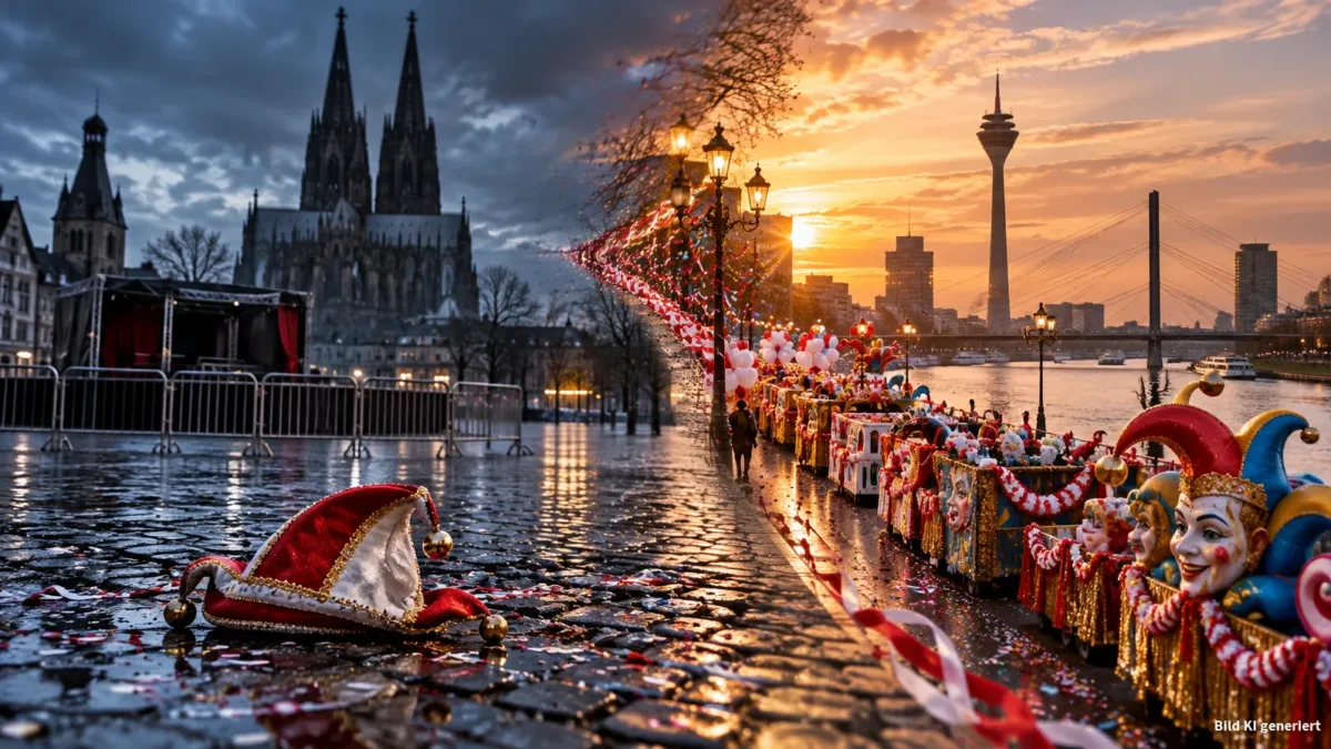 Geteilte Szene, diagonal komponiert: links der verwaiste Heumarkt mit abgesperrtem Podest und einer einzigen, auf dem nassen Kopfsteinpflaster liegenden Narrenkappe; im Hintergrund die dunkle Silhouette des Kölner Doms. Rechts die verlängerte Rheinpr