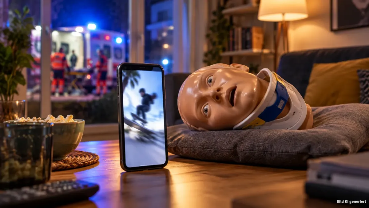 Auf einem Wohnzimmertisch steht ein Smartphone hochkant, auf dem Display unscharfe, vertikal beschnittene Bewegtbilder mit Bewegungsunschärfe angedeutet sind. Daneben liegt ein plastikhaftes Kopfmodell mit deutlich abgeknicktem Hals und einer medizin