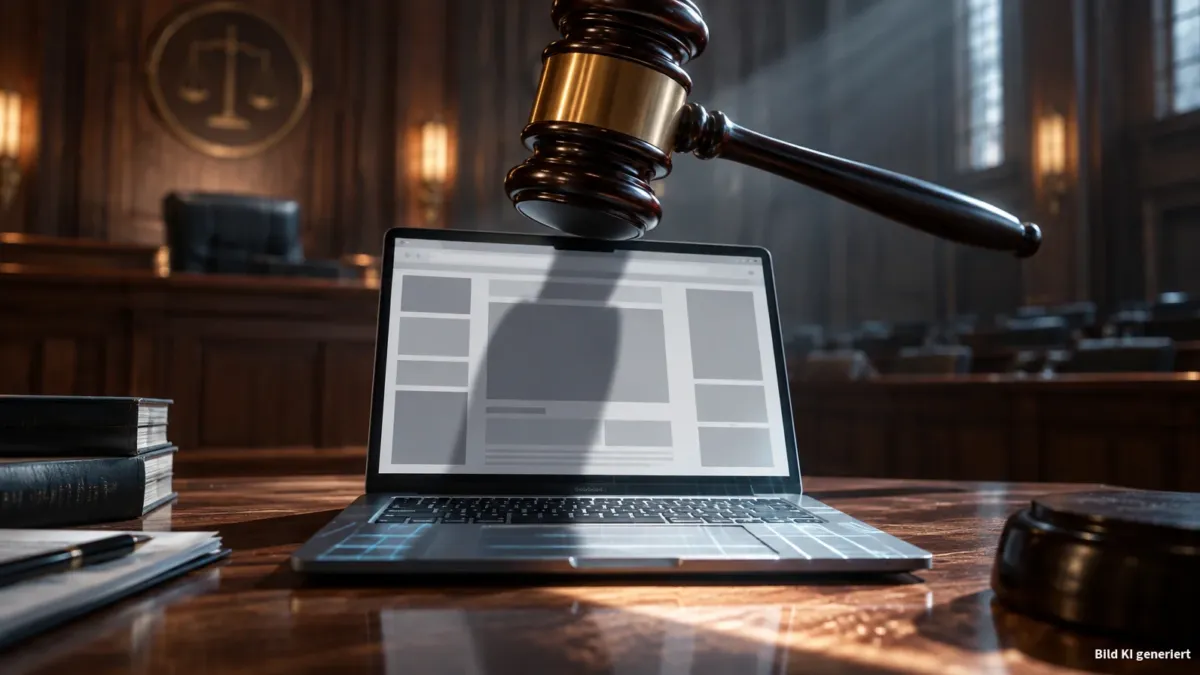 Leerer, moderner Gerichtssaal: im Vordergrund auf einem Tisch steht ein aufgeklappter Laptop, auf dessen Bildschirm mehrere Werbeflächen nur noch als leere graue Kästen erscheinen – als visuelle Metapher für entfernte Anzeigen. Über dem Gerät schwebt