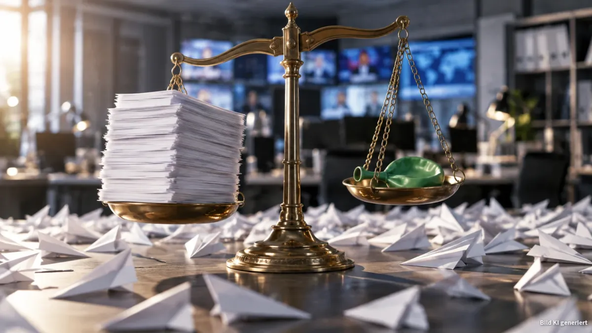 Nahaufnahme einer übergroßen Waage der Justiz auf einem Redaktions-/Konferenztisch: in der linken Schale stapeln sich akribisch gefaltete, weiße Papierbögen ohne Schrift (als Sinnbild für zahllose Artikel), in der rechten Schale liegt ein eingefallen