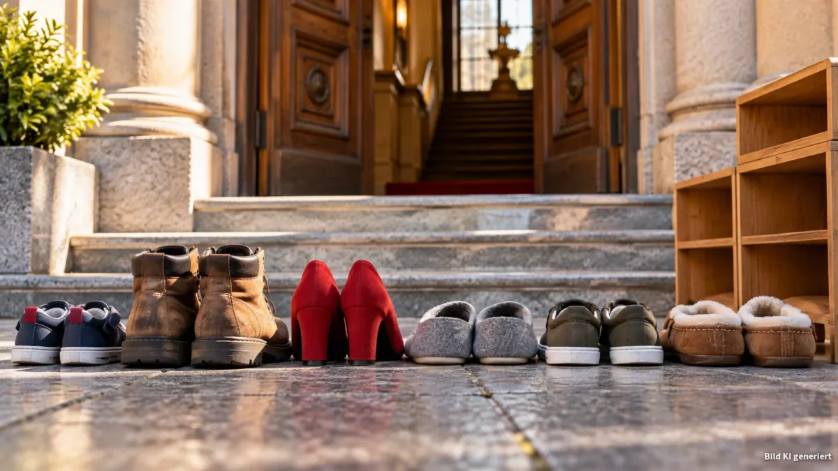 Nahaufnahme einer Vielzahl unterschiedlicher Schuhe – Kindersneaker, Arbeitsschuhe, Pumps und Hausschuhe – ordentlich in einer Reihe vor dem Eingang eines neutralen öffentlichen Gebäudes (Treppe und schwere Holztür, keine Schrift oder Schilder). Rech