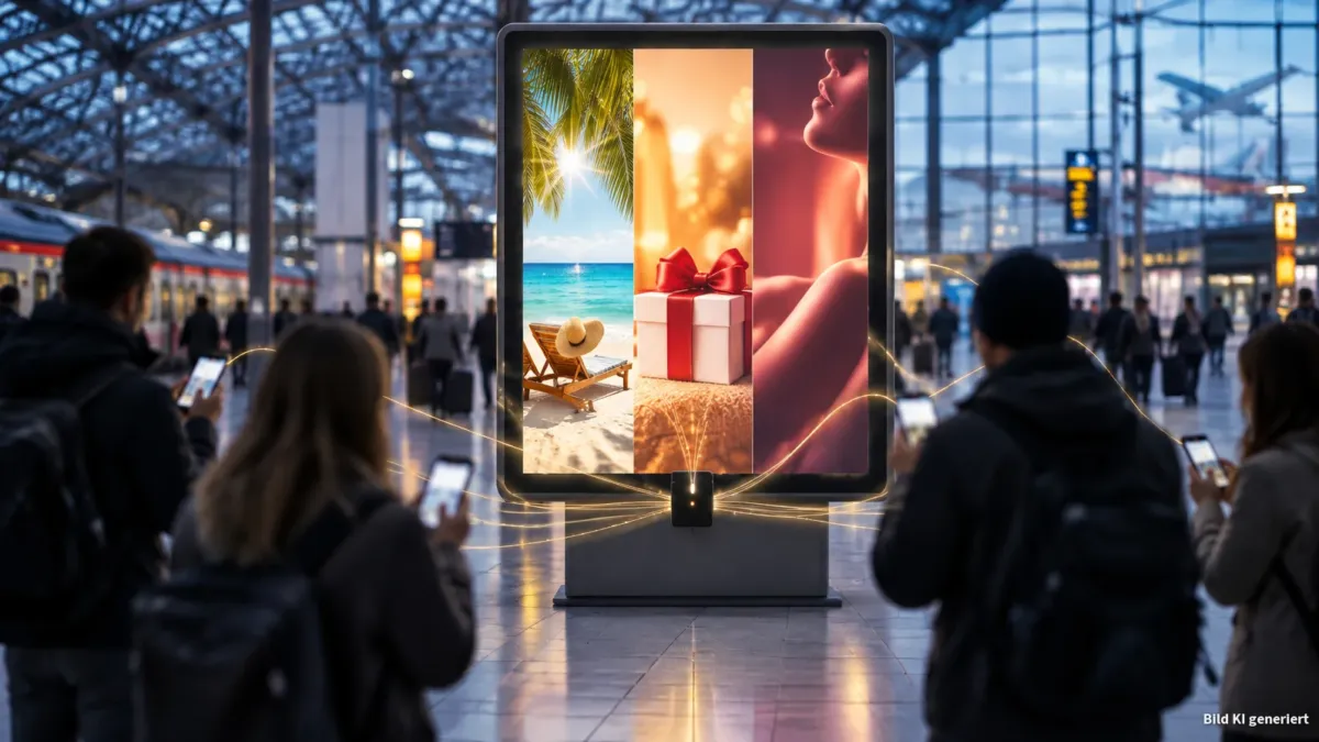Große, freistehende digitale Werbetafel in einer Bahnhofshalle, an deren unterem Rahmen ein kleines schwarzes Zusatzmodul (Chip) sichtbar angebracht ist; die Halle ist kühl beleuchtet, die Anzeige selbst strahlt warmes, einladendes Licht. Im Vordergr
