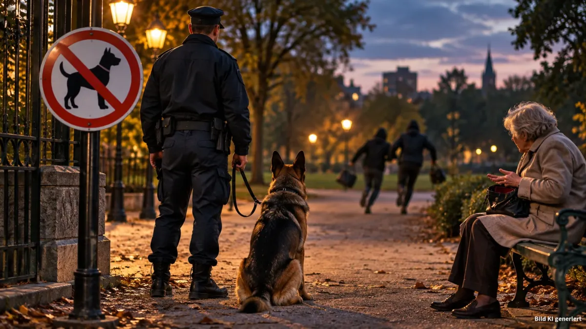 Bildausschnitt am Eingang eines städtischen Parks bei Dämmerung: im Vordergrund ein rundes Verbotsschild mit durchgestrichener Hundesilhouette an einem Pfosten (ohne Schrift), daneben ein uniformierter Hundeführer von hinten ohne erkennbare Abzeichen