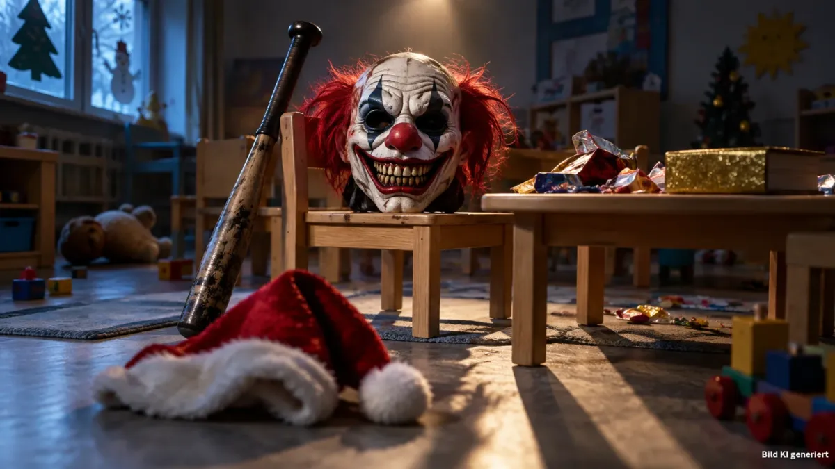In einem leeren Kindergartenraum steht auf einer niedrigen Holzstuhlkombination eine gruselige Clownmaske, neben ihr liegt ein zerknittertes Nikolaushütchen und ein abgenutzter Baseballschläger lehnt diagonal dagegen. Auf dem kleinen Tisch liegen hal