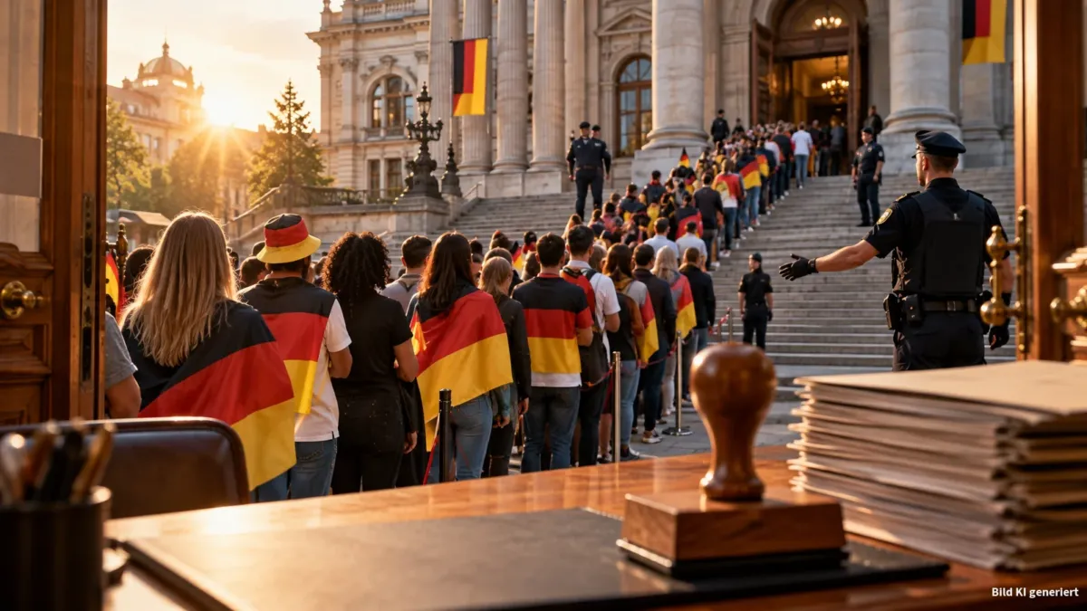 Weitwinkelaufnahme vor einem repräsentativen Rathaus-Eingang (Säulen, Treppen), vor dem sich eine endlose Schlange aus anonymisierten Menschen in Schwarz-Rot-Gold-Kleidung und neutralen Silhouetten windet, ohne erkennbare Gesichter oder Schrift auf K