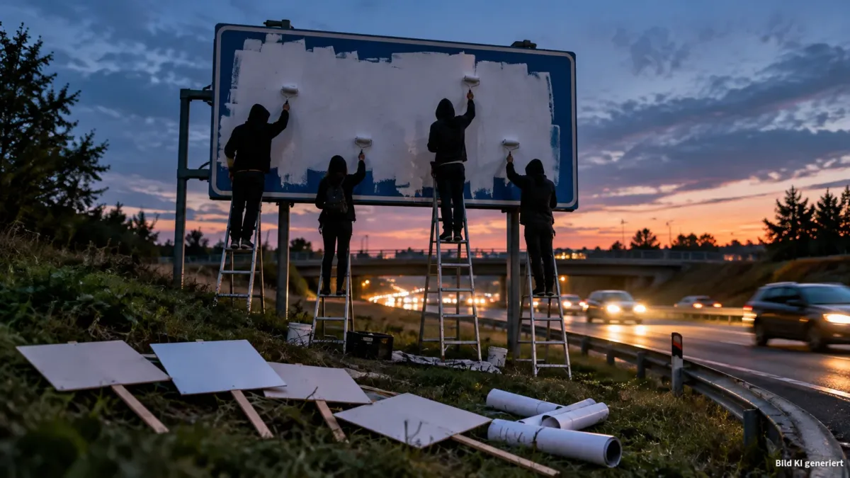 Dämmerungsaufnahme an einer Autobahnabfahrt: auf einer großen Hinweistafel steht nichts Lesbares mehr, eine kleine Gruppe junger Menschen in Kapuzen und als dunkle Silhouetten steht auf Leitern und bestreicht mit Rollen den gesamten Schriftbereich ko