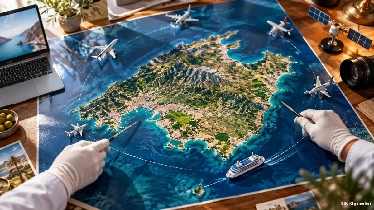 Vogelperspektive auf einen großen, randfüllenden Hochglanz-Luftbildabzug einer mediterranen Insel auf einem Holztisch, umgeben von mehreren kleinen Modellflugzeugen und einem Mini-Fährschiff, die kreisförmig um die Insel positioniert sind. Links ein