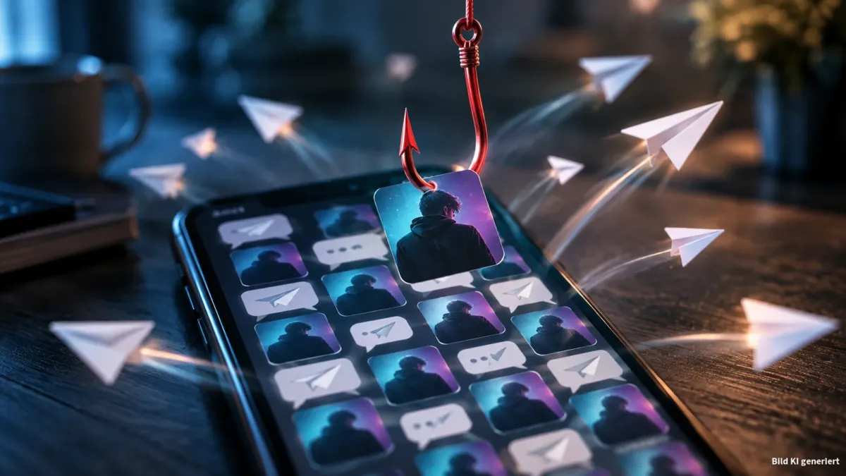 Nahaufnahme eines Smartphones auf einem dunklen Holztisch, das Display leuchtet und zeigt viele identische kleine Album-Thumbnails und neutrale Chatblasen, aus denen stilisierte Papierflieger wie Weiterleitungen herausfliegen. Ein auffälliger roter A
