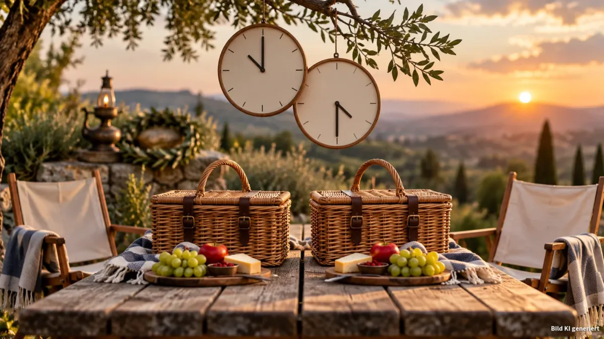 Nahaufnahme eines hölzernen Picknicktisches im Freien bei warmem Abendlicht, darauf zwei exakt identische Picknickkörbe und zwei gleiche Klappstühle, symmetrisch nebeneinander – als würde das Wochenende buchstäblich doppelt stattfinden. Über den Körb